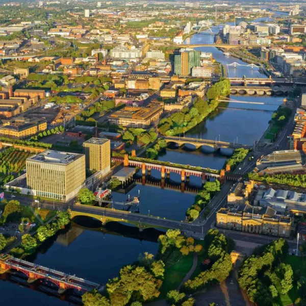 Aerial view of the River Clyde and Glasgow city. Photo courtesy of Stantec. | Scottish Water names Stantec preferred bidder to deliver multibillion-pound transformation of water and wastewater infrastructure