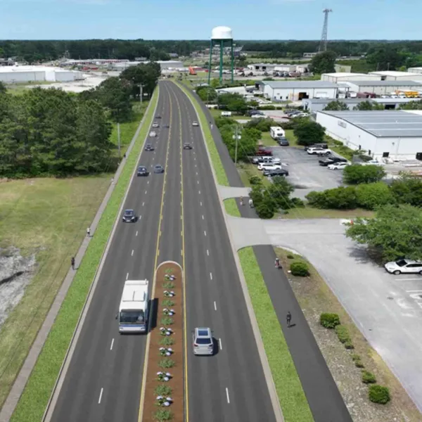 Rendering of the new roadway through an industrial area. Photo courtesy of Stantec. | South Carolina Department of Transportation and Horry County select Stantec to lead design of $840 million SC 90 road widening project