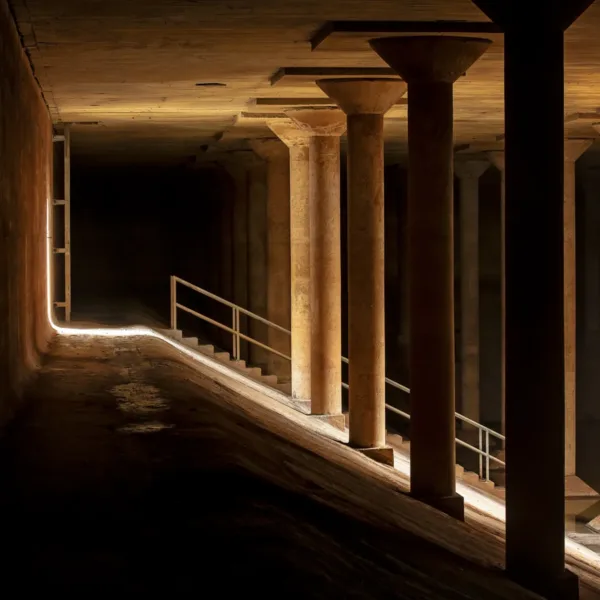 Cistern Illuminated in the Buffalo Bayou Park Cistern. Designed by Kelly O’Brien of Fenris. Courtesy Buffalo Bayou Partnership. | Buffalo Bayou Park Cistern Marks 100 Years with Structural Upgrades and New Public Installation 