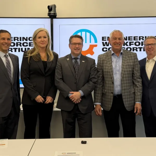 EWC expands industry workforce group to include WEF and NCWIT. From L to R: Scott Grayson (APWA), Linda Bauer Darr (ACEC), Ralph Exton (WEF), Jeff Lande (for NCWIT), and Peter J. O’Neil (ASCE). Photo courtesy of Engineering Inc. | Engineering Workforce Consortium Welcomes Water Environment Federation and National Center for Women & Information Technology 