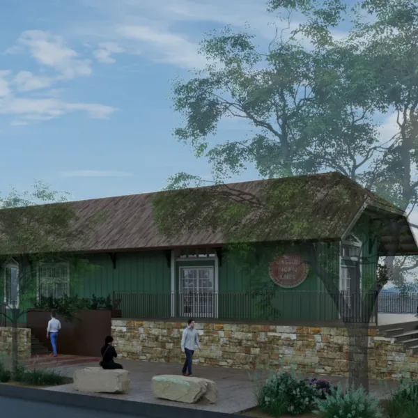 Depot Close-up Rendering. Photo Credit: Lawrence Group. | Lawrence Group Transforming Historic Buda, TX Train Depot into Marketplace for Emerging Businesses, Community Gathering