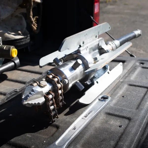 KEG Technologies Chain Cutter nozzle - resolving the worst cases in large pipe requires the use of special heavy-duty chain cutters that can remove even a “wall of roots.” Photo Credit: KEG. | Spotless Sewer Lines Play a Key Role in Lining Success